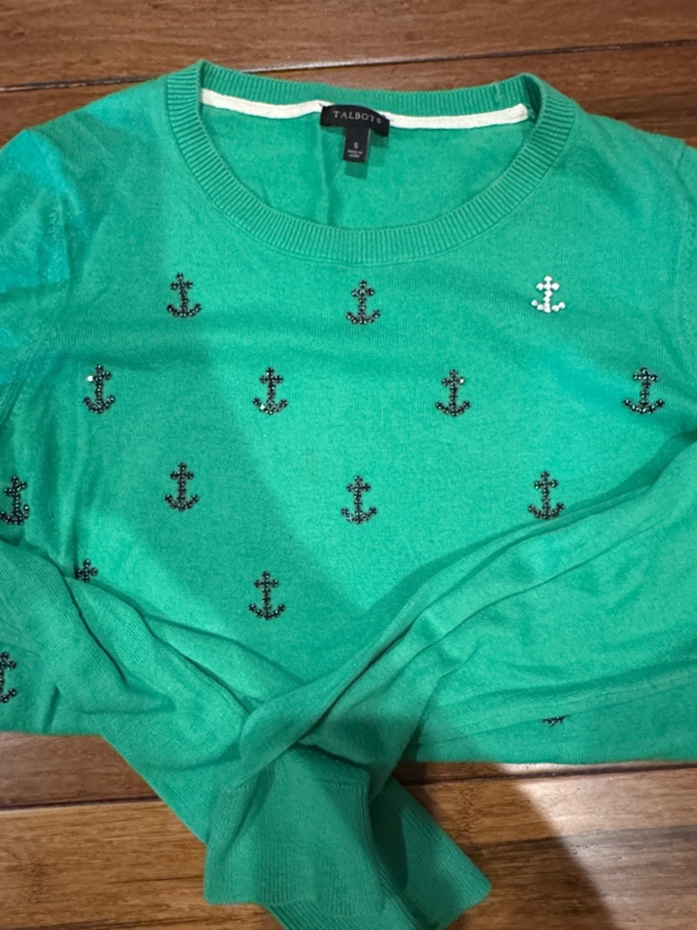Talbots Emerald Green Crewneck Sweater with Anchor Studs